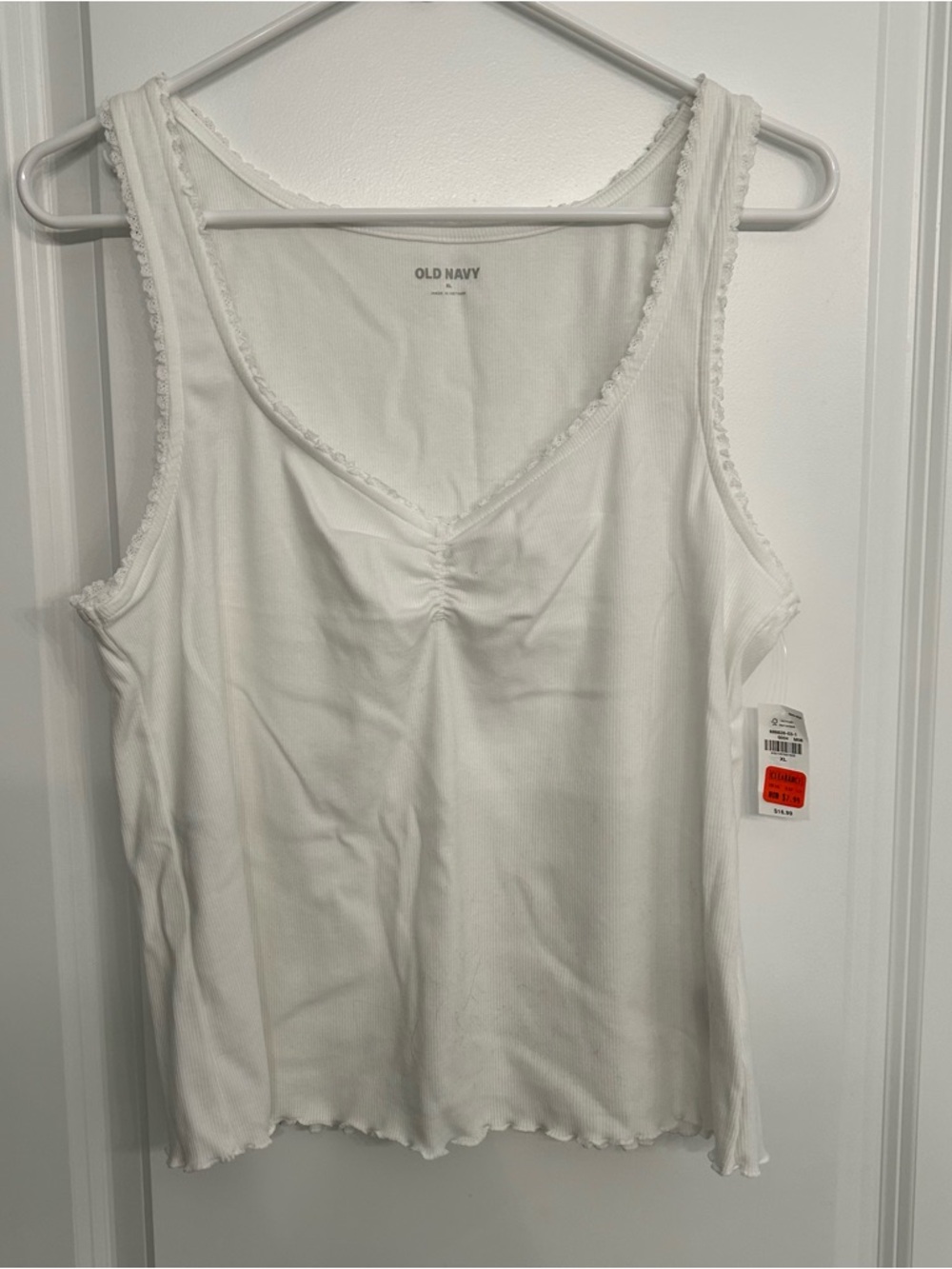 Old Navy White Ribbed Lace Trim V-Neck Tank Top